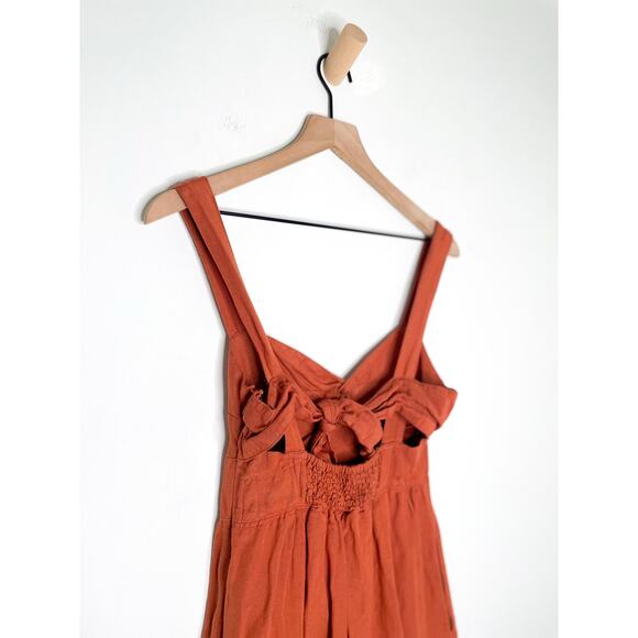 Maeve Linen Twist Front Mini Dress XS Burnt Orange Tie Back Bow Cottagecore - Picture 10 of 12